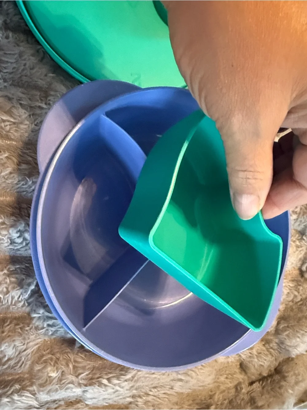 Vintage Tupperware Divided Snack Plate with Lid in Teal, Purple & Yellow